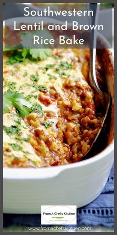 a casserole dish with lentil and brown rice in it, topped with cilantro