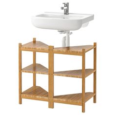 a bathroom sink and shelf with wooden shelves