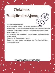 Introducing a Christmas Multiplication Game printable PDF digital download! This engaging and interactive game will have your learner excited to practice their multiplication skills. By rolling dice and using multiplication, players can strategize to earn the most spots on the board. Learning multiplication has never been so fun with this festive and educational game. Download now and make learning math a joyful experience this holiday season! 6 pages total This is a digital resource. Nothing physical will be sent to you. Christmas Multiplication, Music Flashcards, Multiplication Game, Learning Multiplication, French Signs, Multiplication Games, Rolling Dice, Bible Games, Game Printable