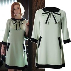 This The Queen's Gambit Beth Harmon Cosplay Dress is charming and elegant. It features black and green contrast colors, 3/4 sleeves, sexy mini short length, a beautifl black bowknot and two pocket in the front. Back zipper easy on and off. Free shipping. Queens Gambit Outfits, The Queen's Gambit Beth, Gambit Cosplay, Green Contrast Color, Beth Harmon, Queens Gambit, The Queen's Gambit, Bow Tie Dress, Dress Christmas