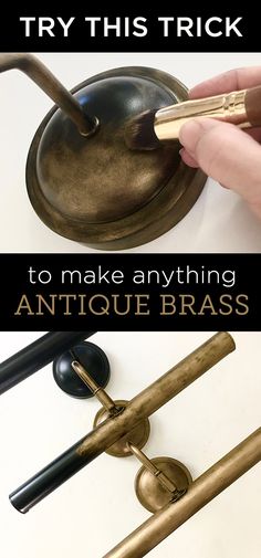 an antique brass french horn with the words try this trick to make anything antique brass