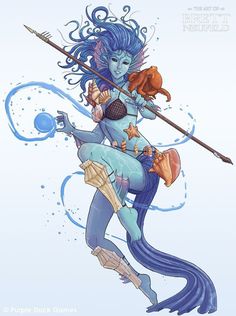 a drawing of a woman with blue hair holding a spear