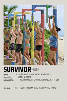 the cover of survivor 2000, featuring people doing exercises on an outdoor climbing wall with colorful ropes