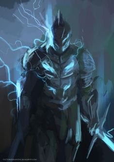 a digital painting of a man in armor holding two swords with lightning coming from behind him