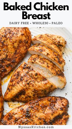 grilled chicken breast on a white plate with text overlay