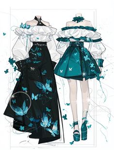 two women in dresses with butterflies on them, one is blue and the other is white