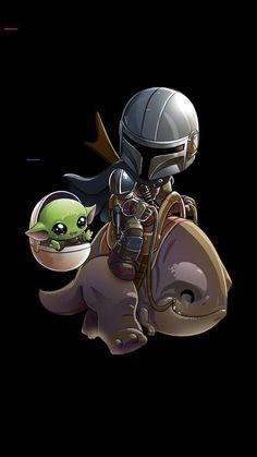 the baby yoda riding on top of an elephant wearing a helmet and holding a star wars