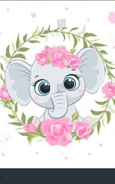 an elephant with flowers around it's neck and eyes, surrounded by pink roses