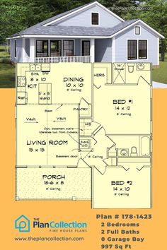 small cottage plans under 1000 sq ft,  Plan # 178-1423 Small Houseplans, Home Floorplans, Small Cottage Plans, Two Bedroom Floor Plan, Cottage Traditional, Cottage Floor Plan, 1500 Sq Ft House, Small Cottage House Plans, Floor Plans Ranch