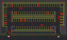 an architectural drawing of a parking lot with red and yellow lines on the ground below