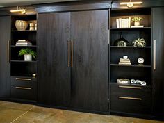 a large bookcase with two doors and some books on it's shelves in a living room