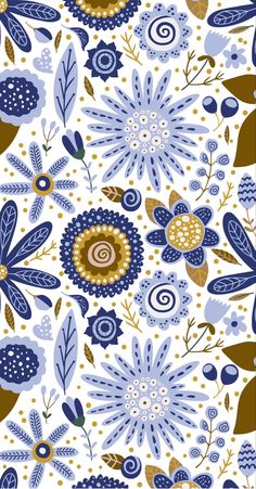 a blue and brown flower pattern on a white background with polka dots in the center