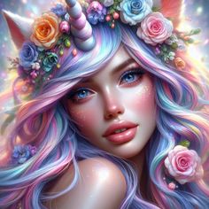 a girl with unicorn hair and flowers on her head