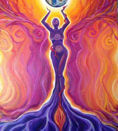 a painting of a woman holding the earth above her head with an orange and purple background