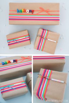 wrapping presents with colorful ribbons and the words baby on them are shown in three different ways