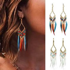 PRICES MAY VARY. Bohemian feather earrings,so charming and elegant. 2 pair of pack ,dofferent color to match your different style. perfect gift f for you and your sister,mom and other friends. Colorful bohemian earrings are suitable for various important occasions, such as parties, travel photos, dates, holiday gifts, daily dressing, and item sharing. Order it ! Boho,hippie and gypsy style earrings,show your style and beaty. Bohemian Colors, Colorful Feathers, Bohemian Earrings, Beaded Tassels, Feather Earrings, Girls Jewelry, Tassel Earrings, Earrings Set, Beaded Earrings