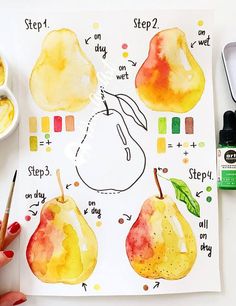 a drawing of pears on paper with instructions to paint them and how to draw them