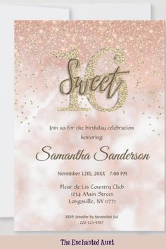 a pink and gold glitter sweet 16 birthday party card with the word sweet sixteen on it