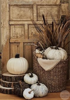 some white pumpkins and other autumn decorations in front of an old door with wood paneling