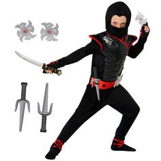 PRICES MAY VARY. High-quality ninja costume, complete with fantastic accessories; the comfortable, all-in-one jumpsuit includes a padded muscle chest, red trim detail, and clear, vibrant prints; the shaped hood features a detachable face mask Includes: padded muscle bodysuit with high-quality prints and attached belt, gloves, foam throwing starts (x 2), and plastic daggers (x2) Our ninja costume for kids comes in 5 sizes; Toddler 3-4 years, Small, Medium, Large and X-Large. Please refer to the s Ninja Fancy Dress, Ninja Dress, Suit Halloween Costume, Ninja Suit, Ninja Kids, Halloween Costumes For Boys, Halloween Costume For Kids, Toddler Fancy Dress, Ninja Mask