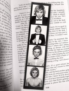 an open book with four pictures of men in tuxedos on the pages and one is wearing a bow tie