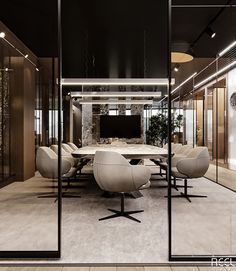 a conference room with chairs and a table in the middle is surrounded by glass walls