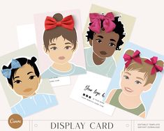 four different pictures of people with bows on their heads and the words display card