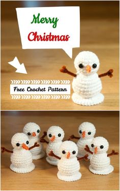 crocheted snowmen are shown with the words merry christmas above them and below