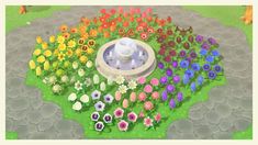 an animal crossing game with flowers and a fountain in the middle, surrounded by other animals