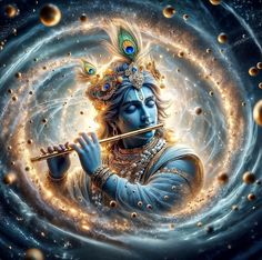 the god is playing flute and surrounded by bubbles