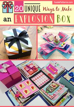 an assortment of cards and boxes with the words 20 unique ways to make explosion box