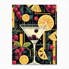 an illustration of a martini with cherries and oranges