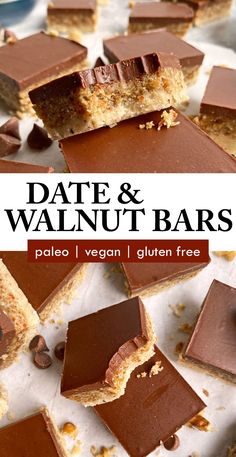 chocolate and peanut butter bars with text overlay that reads walnut date crumble bars pale vegan / no bake