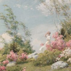 a painting of a woman standing on a hill with pink flowers in the foreground