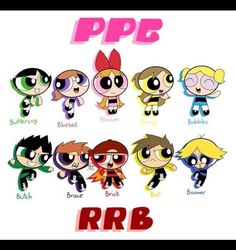 the powerpuff girls cartoon characters with their names in different colors and font on them