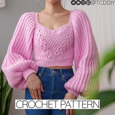 a woman wearing a pink sweater and jeans with the words crochet pattern on it