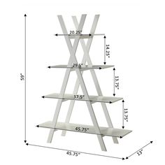 a white shelf with three shelves on each side and measurements for the height of it