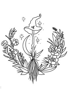 a black and white drawing of flowers with a wizard hat on it's head