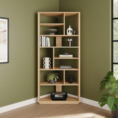 a book shelf in the corner of a room with a potted plant next to it