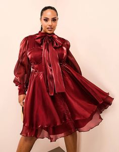 ASOS LUXE Curve long sleeved pussybow satin skater mini dress in oxblood | ASOS Long Skater Dress, Skater Mini Dress, Purple Floral Print, Winter Party Dress, Spring Floral Dress, Mini Skater Dress, Long Black Dress, Satin Slip Dress, Maxi Dress Trend