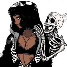 a drawing of a woman holding a skeleton in her hand and looking at the camera