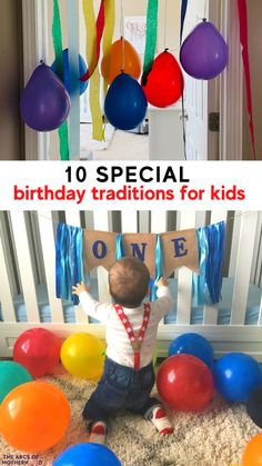 a baby is sitting on the floor in front of balloons and streamers