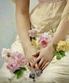 a painting of a woman with flowers in her hands sitting on a white pillow and wearing a pink dress