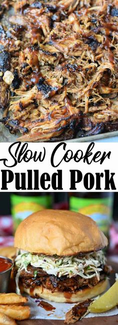 slow cooker pulled pork sandwich with bbq sauce on the side and in front