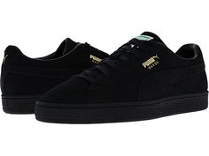 PUMA Suede Classic XXI - Men's Shoes : Puma Black/Puma Black : Keep it cool and casual in the PUMA Suede Classic XXI featuring a classic lace-up style sneaker boasting all over suede detail and branding/logos throughout. Available in six suede color options. Leather upper. Textile lining. Synthetic sole. Imported. Measurements: Weight: 14 oz Product measurements were taken using size 9, width D - Medium. Please note that measurements may vary by size. Weight of footwear is based on a single item Shoes Man Classic, Puma Suede Outfit Mens, Black Shoes Outfit Men, Puma Suede Outfit, Puma Shoes For Men, Puma Sneakers For Men, Puma Suede Black, Puma Black Sneakers, Black Shoes For Men