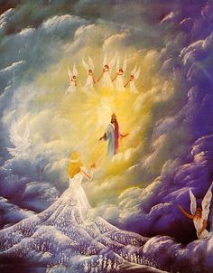 an image of jesus surrounded by angels in the clouds