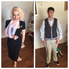 two photos of a man and woman dressed in formal clothing, one wearing a pink scarf