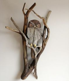 an owl is perched on top of a tree branch wall hanging from a white wall