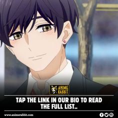 an anime character with black hair and brown eyes looking at the camera, text reads tap the link in our bio to read the full list