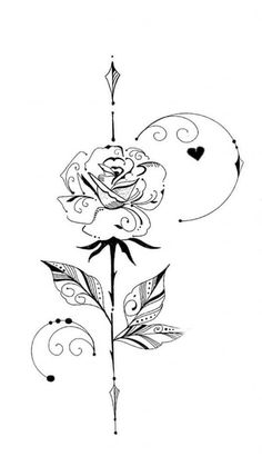 a drawing of a flower with leaves and hearts on the petals, as well as an arrow